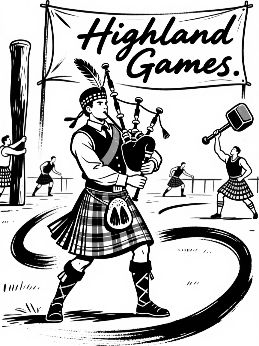 A traditional Scottish Highland games event with a piper in full tartan dress.