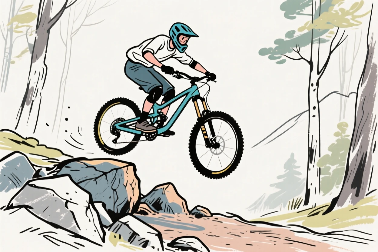A mountain biker jumping over a rocky trail obstacle in a forest.