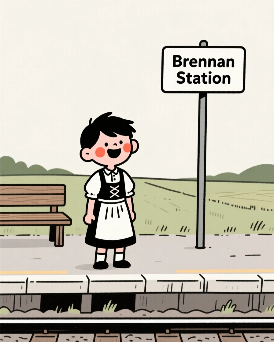 A young boy of Irish heritage wearing a Bavarian dirndl, grinning mischievously, at a rural train station.