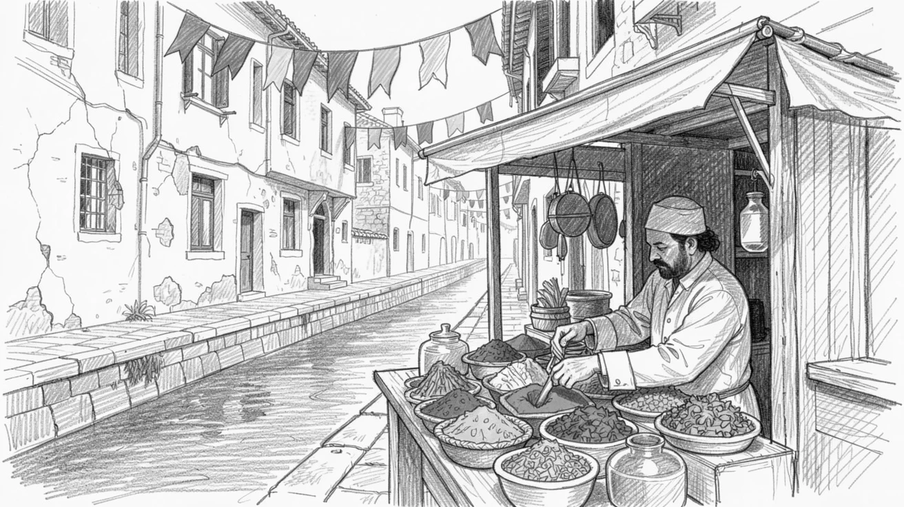 A rich travel moment capturing a spice merchant arranging vibrant powders and herbs along a quiet canal lined with old buildings, with colorful flags strung overhead.