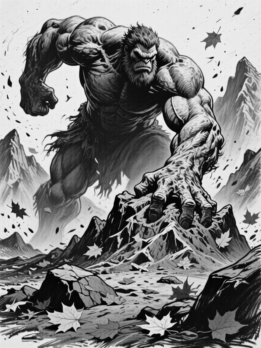 A titan god shaping mountains with bare hands, with autumn leaves scattered underfoot.