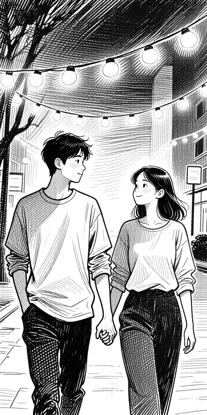 A young couple walking hand in hand beneath the glow of string lights, with hands clasped warmly together, creating a full of gentle warmth lifestyle scene.