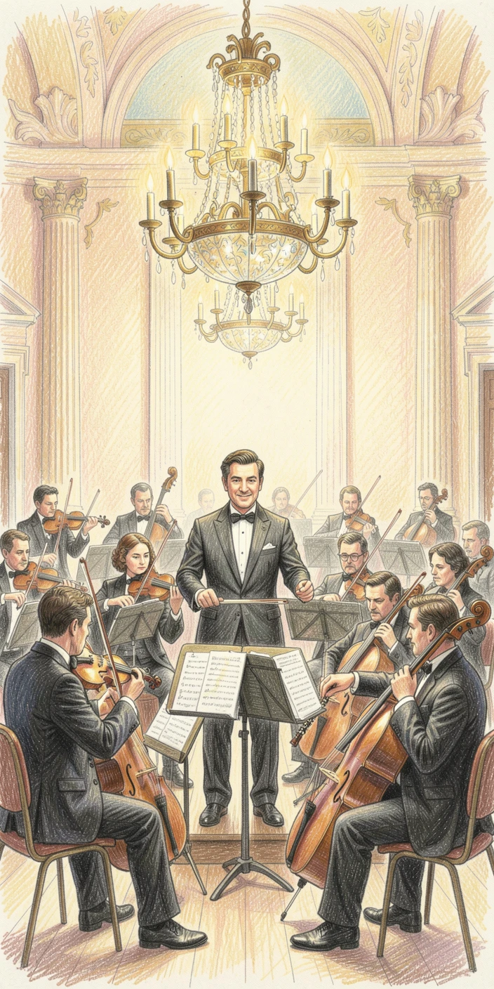 An orchestra performing beneath the glow of grand chandeliers, framed thoughtfully to draw the eye toward the central subject, designed to feel inviting, memorable, and shareable.