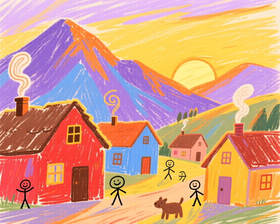 A view of a mountain hamlet wrapped in golden light at sunset.
