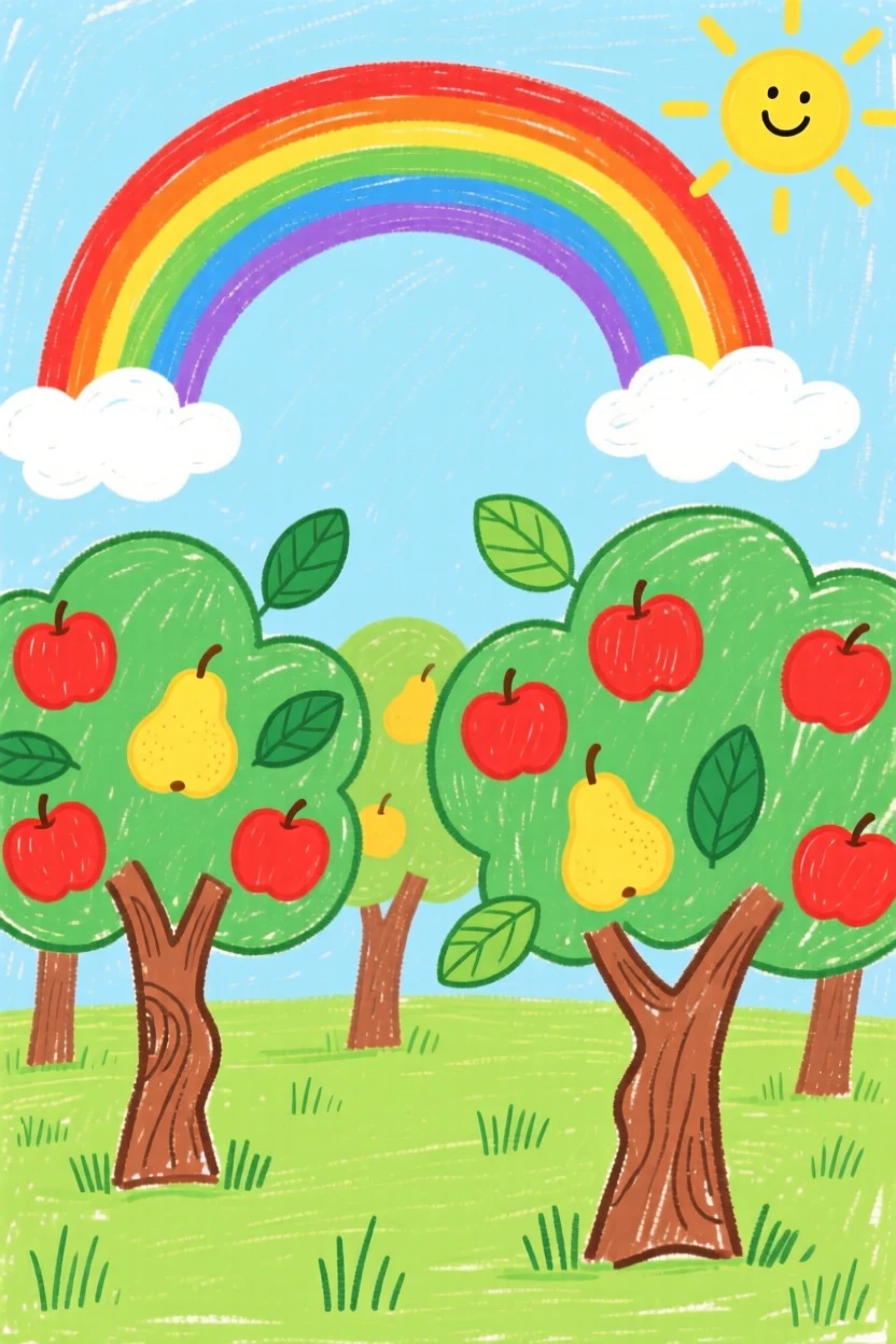 A orchard heavy with ripe fruit under a brilliant double rainbow.
