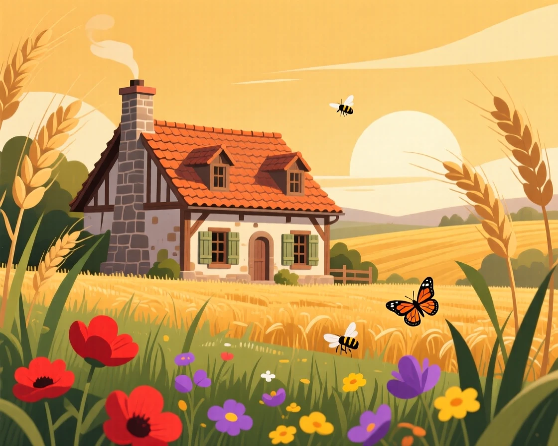 A rustic countryside farmhouse surrounded by golden fields, under a warm golden afternoon sky, arranged with vibrant foreground elements framing the view, with a joyful, adventurous atmosphere.