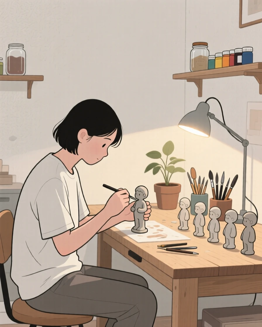A person carving small figurines in a quiet home studio.