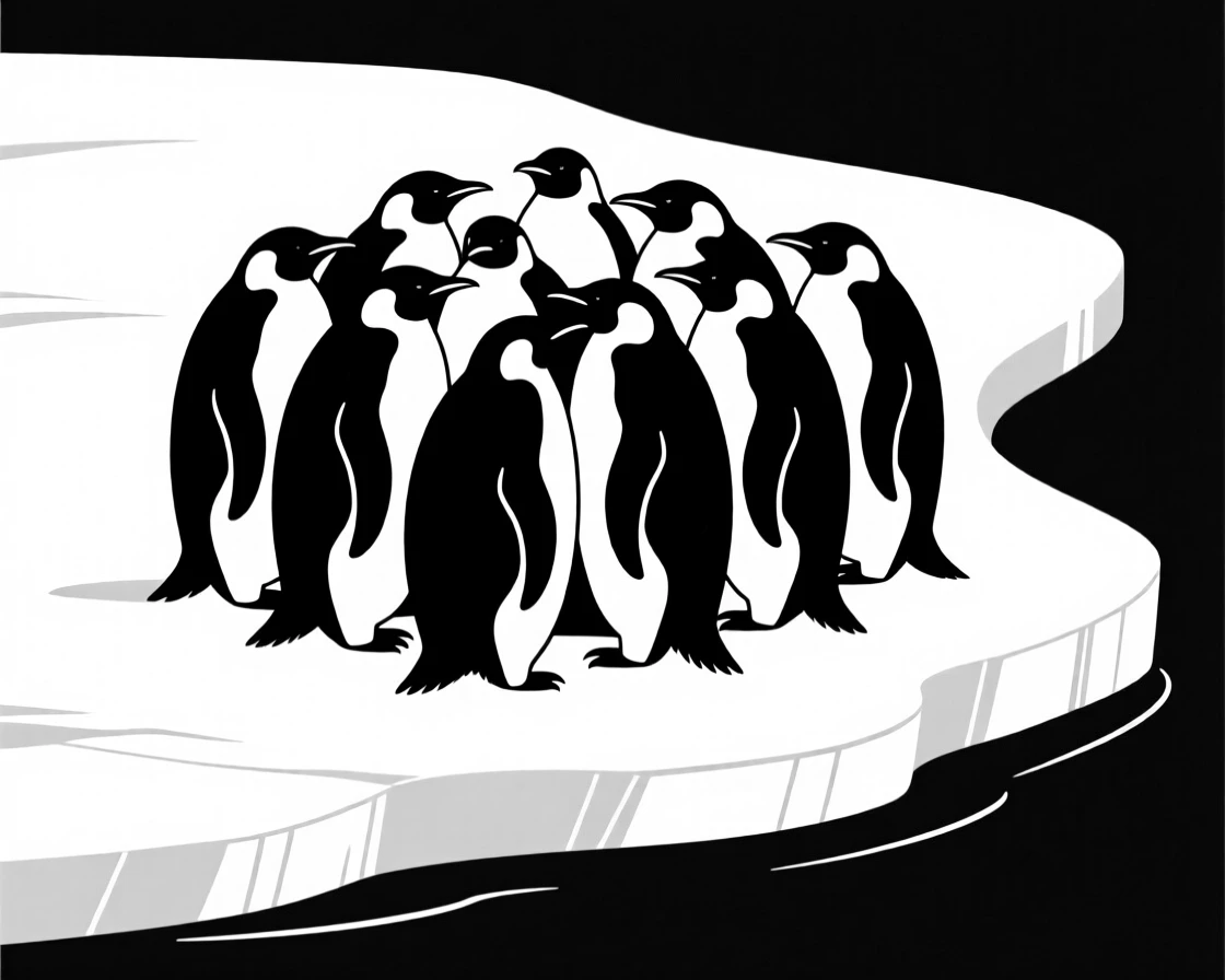 A penguin colony huddled together on an ice floe.