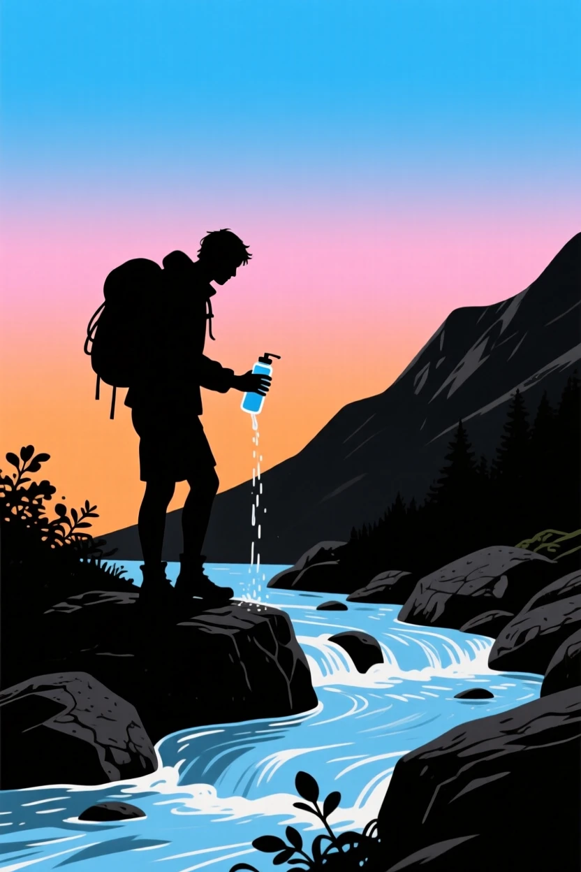 A hiker pausing at a mountain stream to filter drinking water.