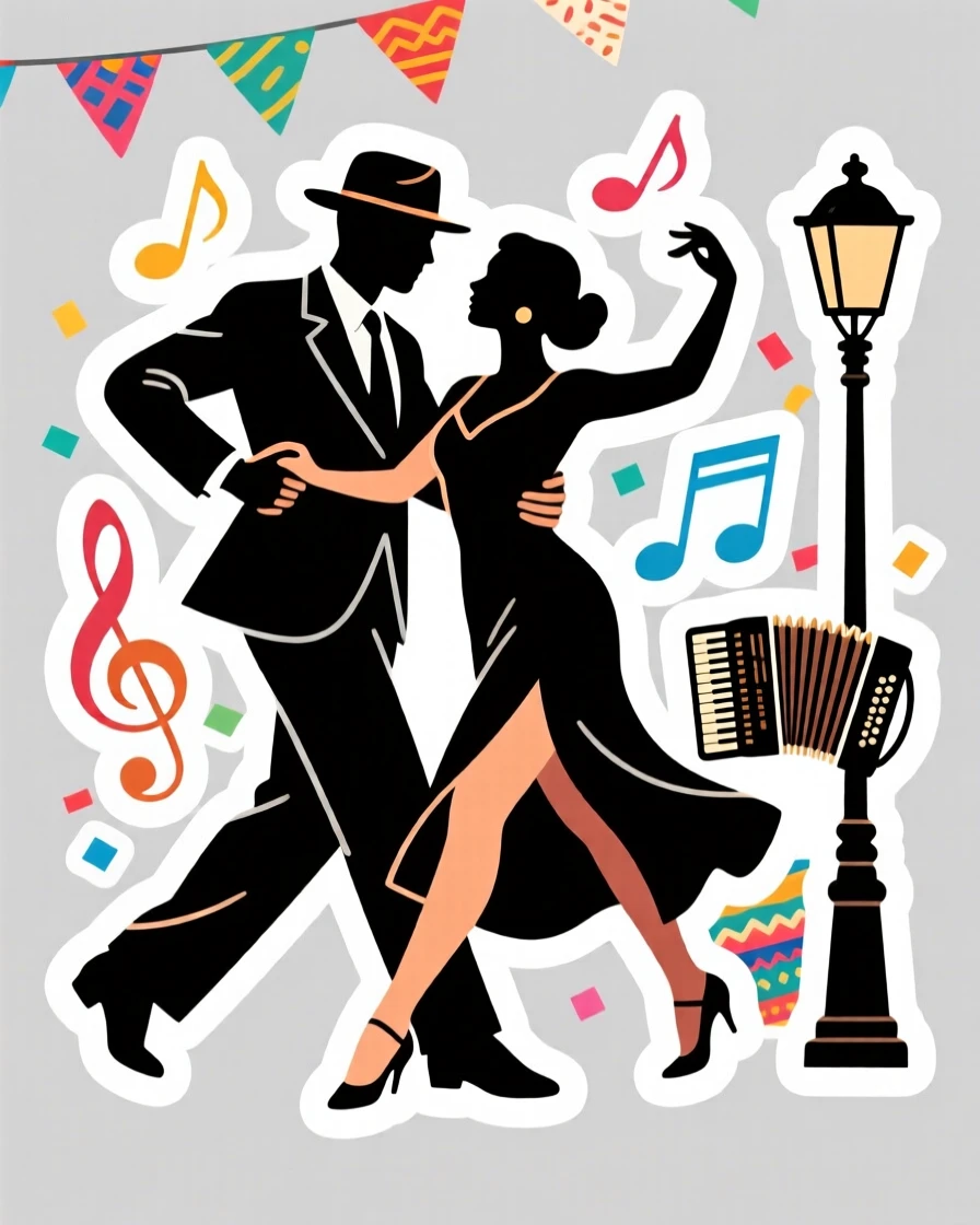 A charmingly authentic Argentine tango dancers mid-step, surrounded by the sounds and colors of the region, at the peak of a local festival.