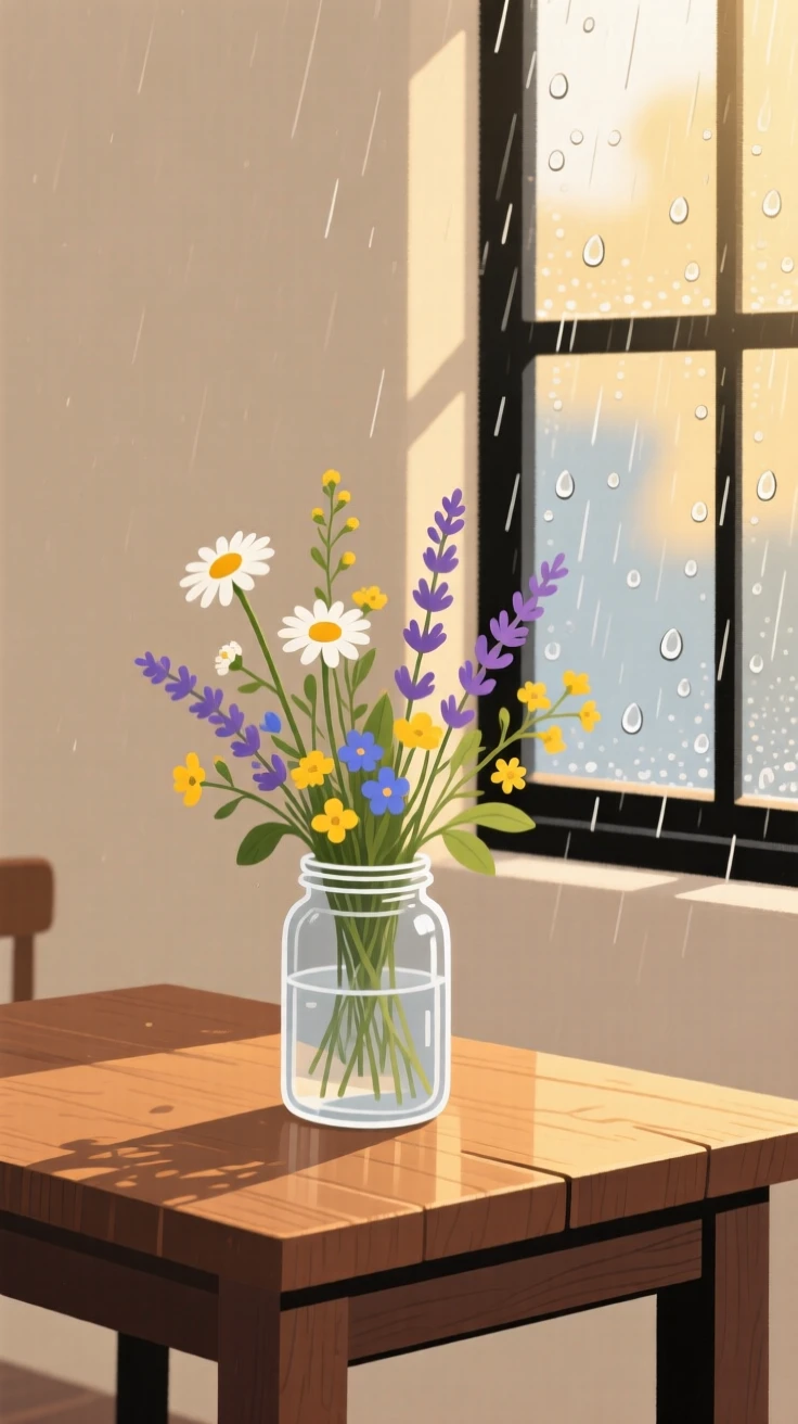 A wooden table holds a simple arrangement of fresh-cut wildflowers in a glass jar, lit softly by late afternoon light beside a rain-speckled pane.
