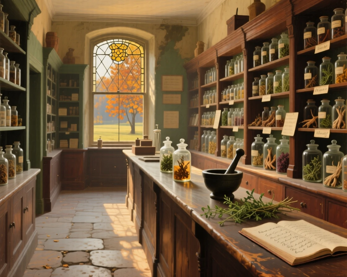 A broad landscape view of an old apothecary shop lined with glass jars of herbs and tinctures, in mid-autumn.