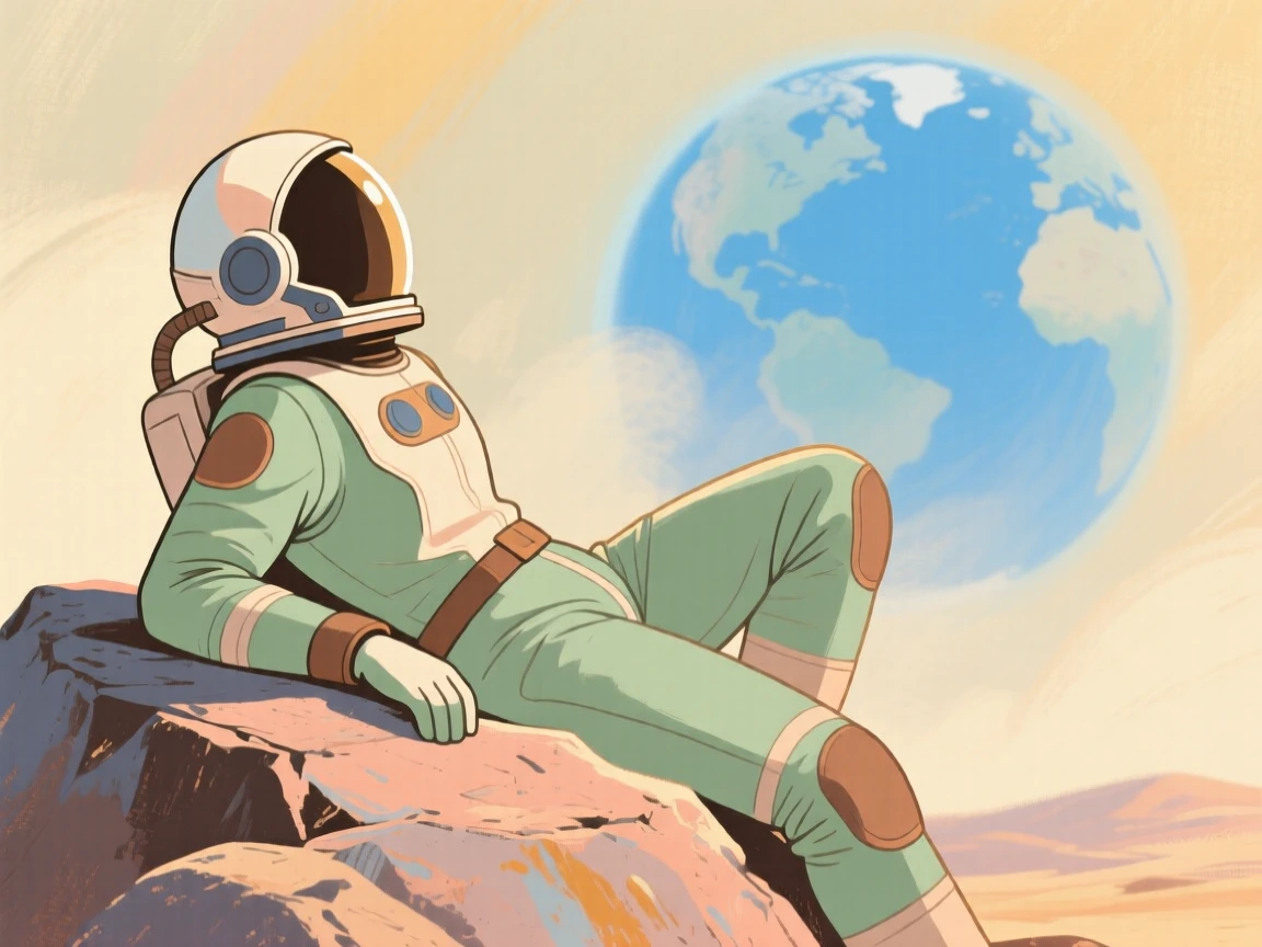A retro spaceman resting on a rock, gazing back at a distant blue Earth