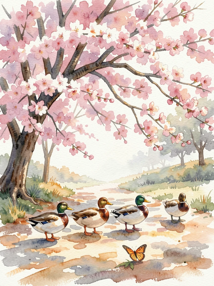 A family of ducks crossing a path under a blooming cherry tree with a butterfly resting nearby.