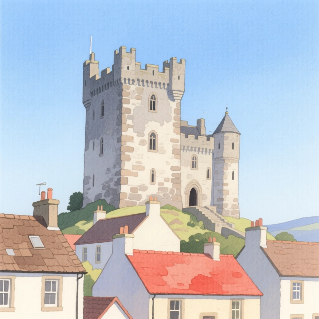 A picturesque view of a Scottish highland castle with a castle rising above the rooftops, beneath a clear blue sky