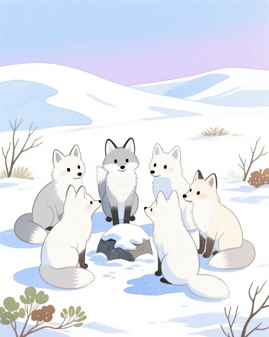 A group of arctic foxes in a snowy tundra, captured in a moment of quiet wonder.