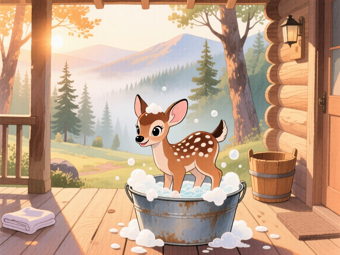 A spotted fawn getting a gentle bath in a tin tub full of bubbles, set in a mountain cabin porch overlooking misty pines, radiating pure innocent joy.