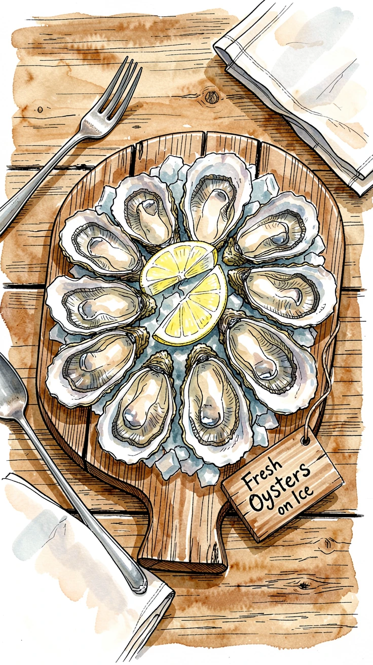 A wooden board of fresh oysters on ice with lemon wedges, rustic tableware adding warmth and character to the setting.