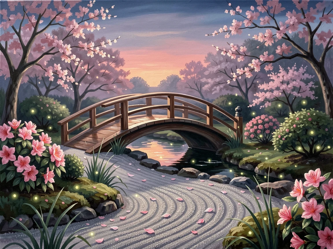 A tranquil Japanese garden with a curved wooden bridge, with a gravel path winding between raised flower beds, a soft breeze scattering petals across the path, at dusk, fireflies beginning to flicker among the blossoms.