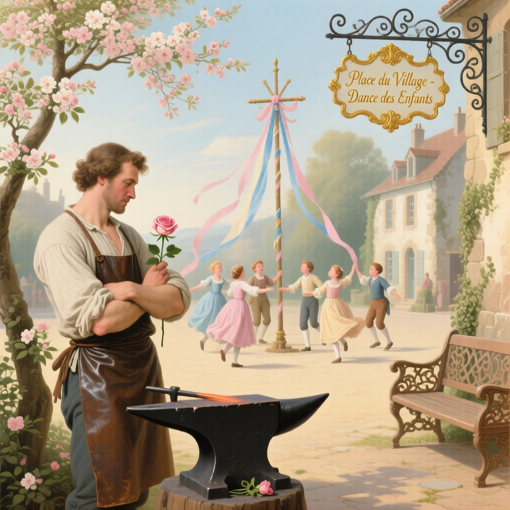 A blacksmith pausing to watch children dance in the village square  