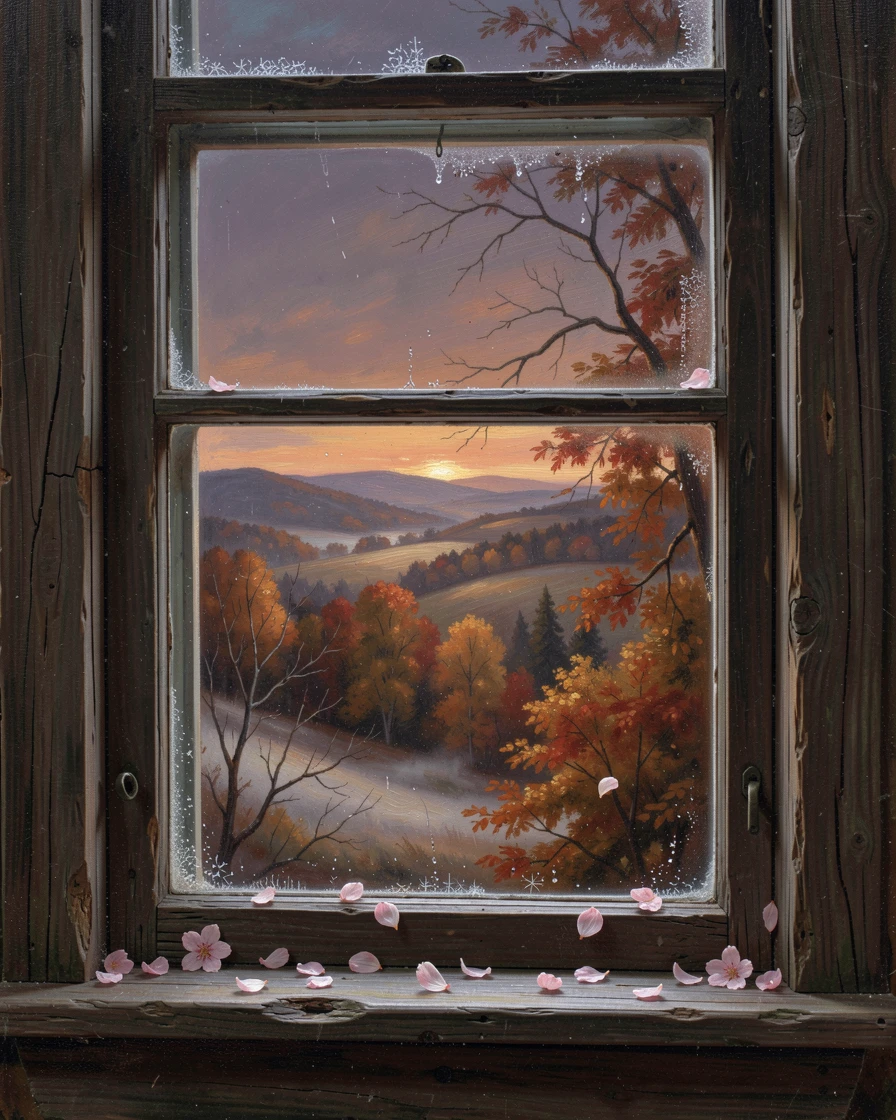 Cherry blossoms roll across a windowpane on a cold night as autumn settles over the land.