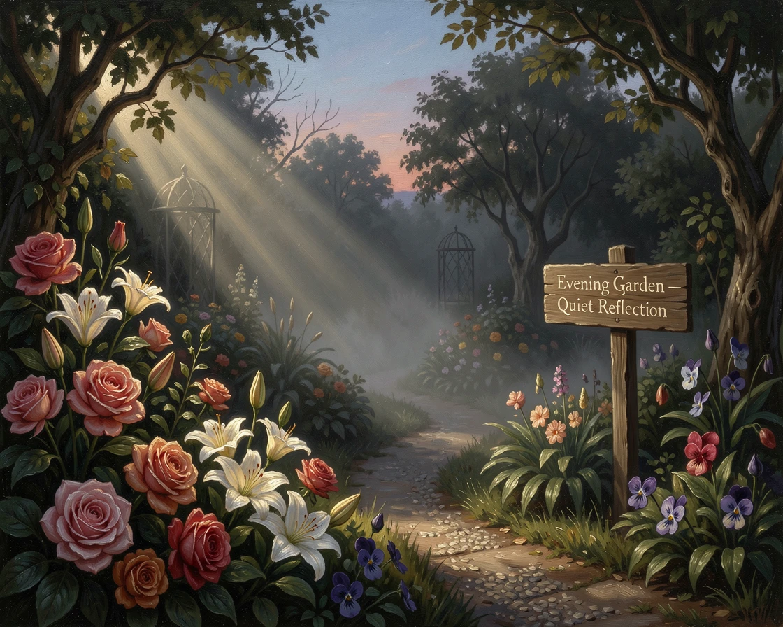 An enchanted garden where flowers glow softly in the evening twilight, as beams of light cut dramatically through darkness or fog, creating a scene that feels both magical and entirely believable