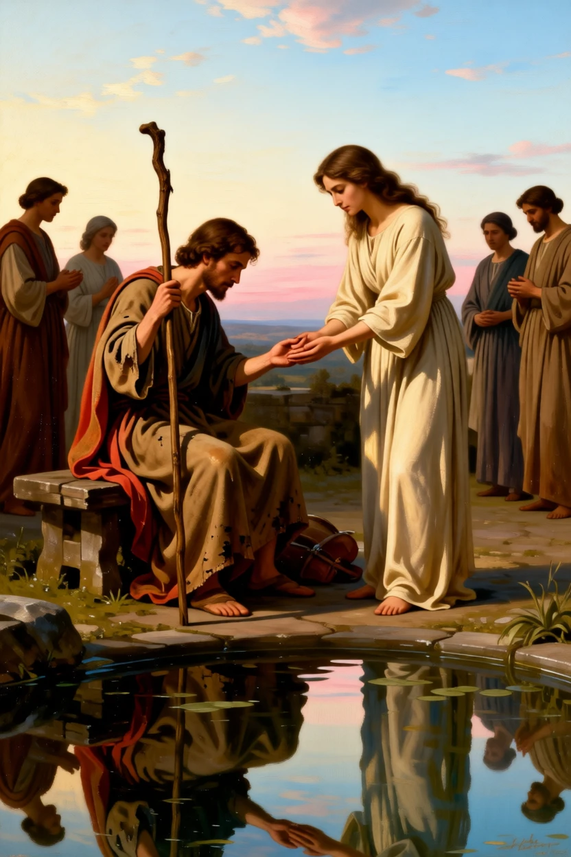A wounded traveler receiving care and shelter from a compassionate stranger in a moment of profound spiritual clarity, set beside a sacred spring reflecting the morning sky, with modest robes, a well-worn staff, and a face lined with quiet devotion; converging figures form a reverent circle around the central moment, filled with serenity and the quiet dignity of devotion.
