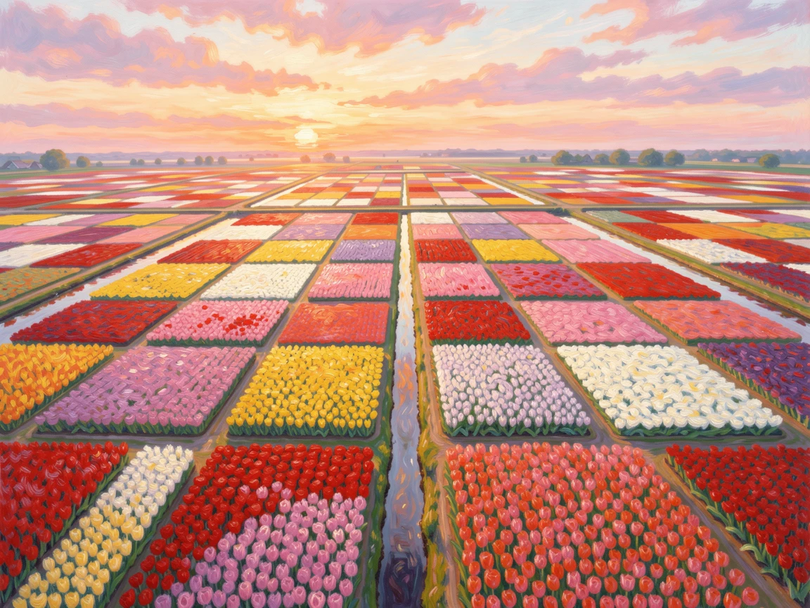 A patchwork quilt of tulip fields in Holland seen from above, canals cutting straight lines between them, under a glowing sunset sky, radiating serenity and gentle stillness.
