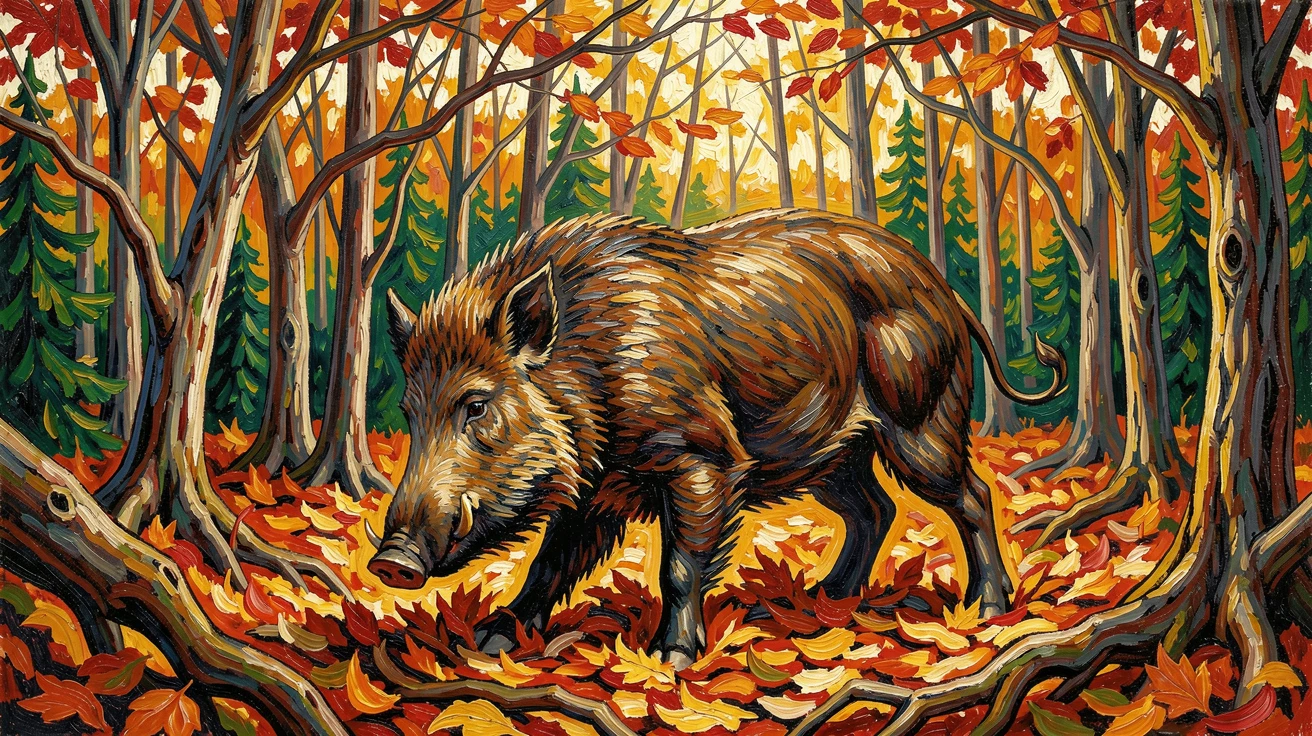 A wild boar rooting through fallen leaves in a dense autumn forest.