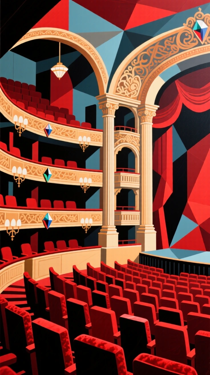 An elegant architectural view of a grand opera house interior with red velvet seats.