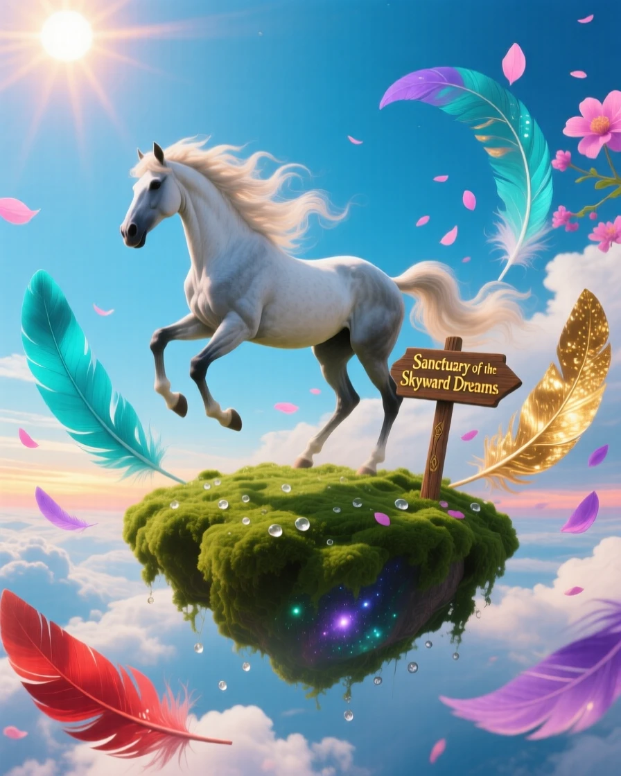 A horse galloping across a sky filled with drifting feathers rests quietly atop a floating patch of green moss, as flower petals fall gently from a clear sky.