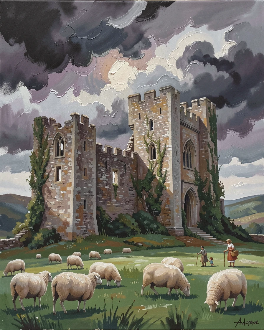 A crumbling medieval fortress in Wales stands silhouetted against a dramatic stormy sky, sheep grazing peacefully in the surrounding green fields, distant figures going about their day, lending the scene a sense of genuine daily life.