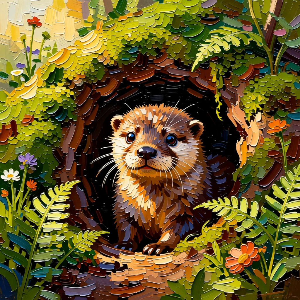 A heartwarming photo of a baby otter peeking out curiously from a burrow entrance