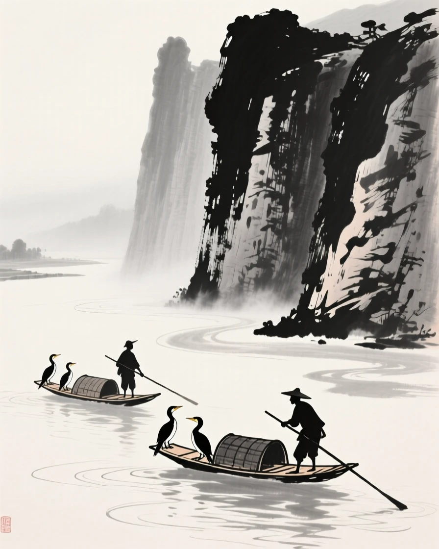Cormorant fishermen work together on a river beneath tall cliffs, with mist rising gently from the water's surface.