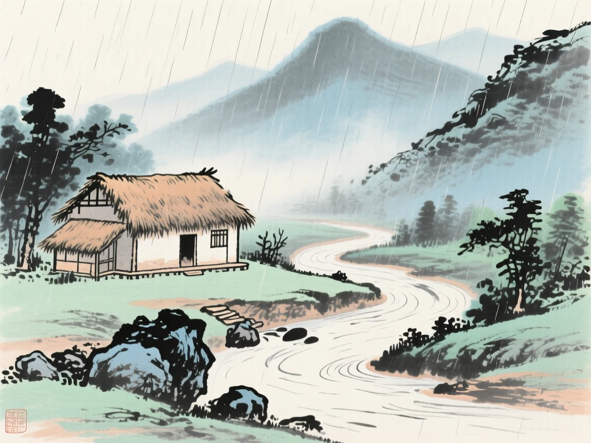 A rustic thatched cottage beside a bend in a mountain stream, through a curtain of fine rain, in the soft light of late afternoon.