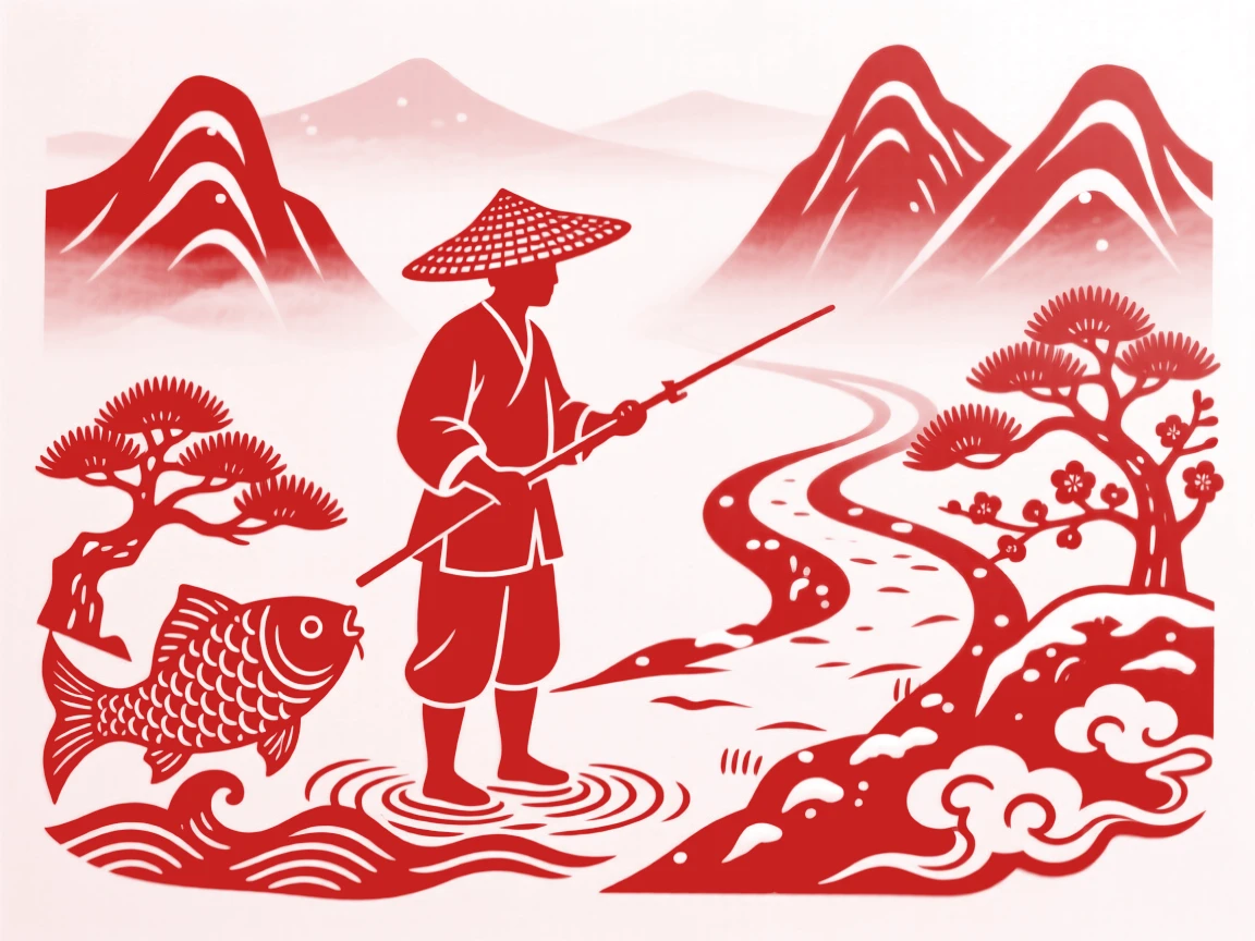 A composition of a fisherman in a straw hat along a snow-dusted mountain trail, distant peaks fading into layers of mist.