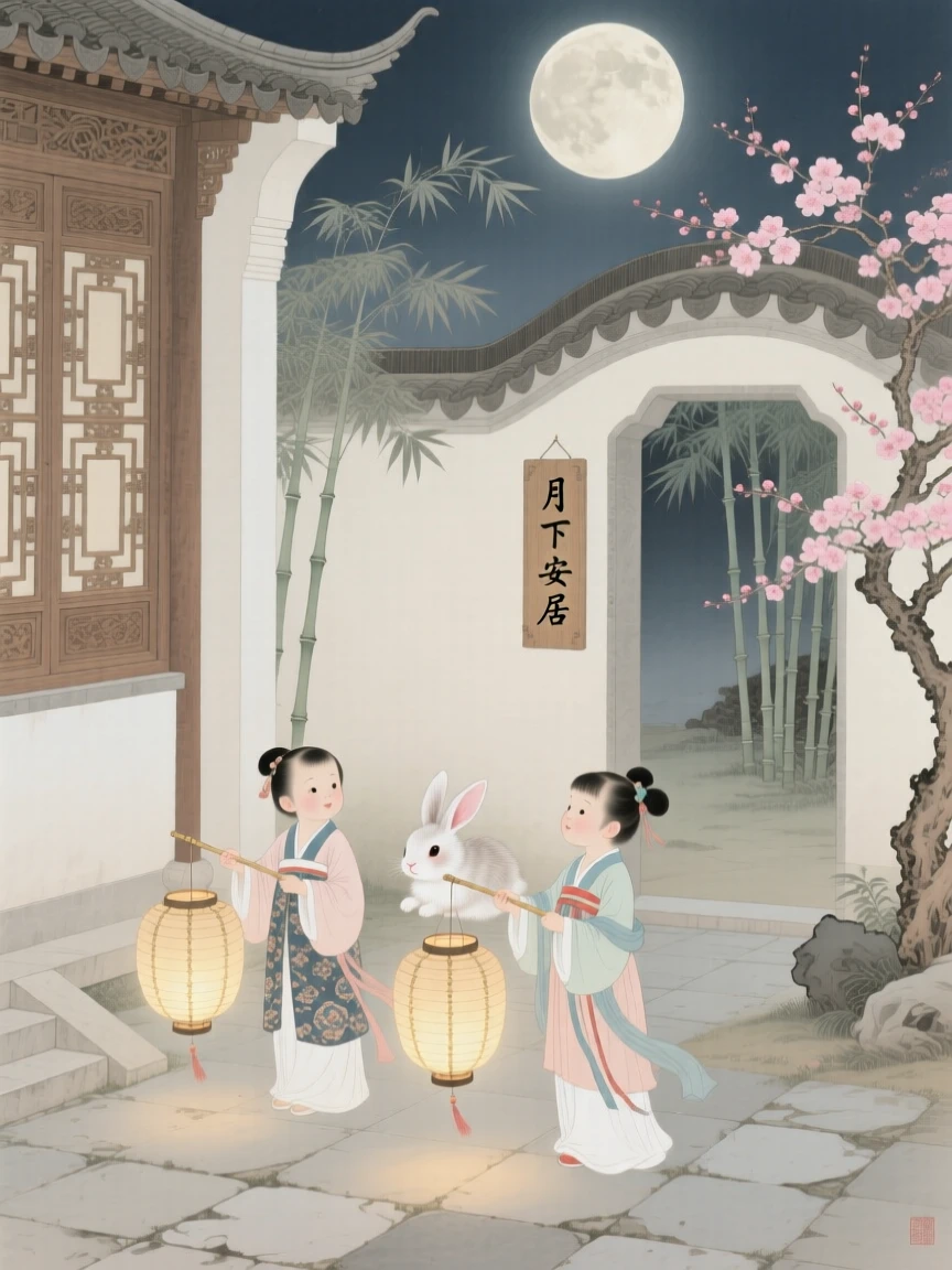 Children carrying rabbit-shaped lanterns through a moonlit courtyard