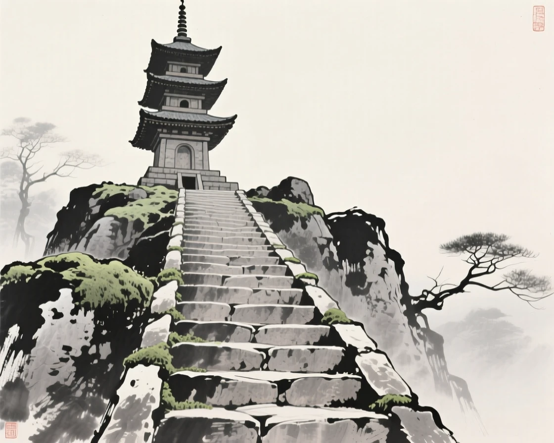 An ancient stone pagoda at the top of a long stone staircase, viewed from below to emphasize its quiet grandeur, capturing a serene blend of nature and human presence.