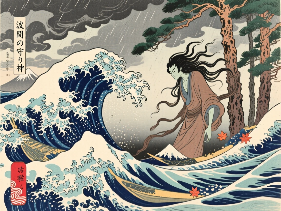 A forest guardian spirit emerging from crashing waves beneath a stormy sky.
