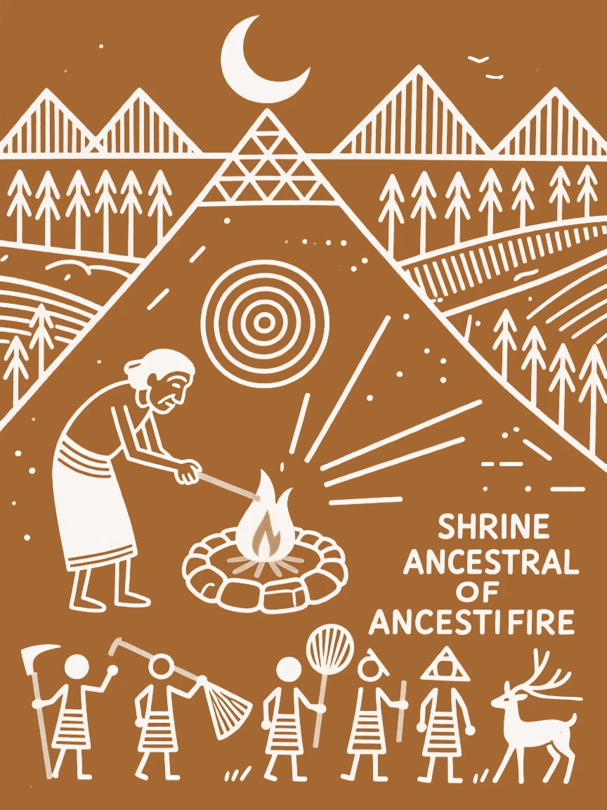An elder lighting a sacred fire at a hilltop shrine overlooking the valley.