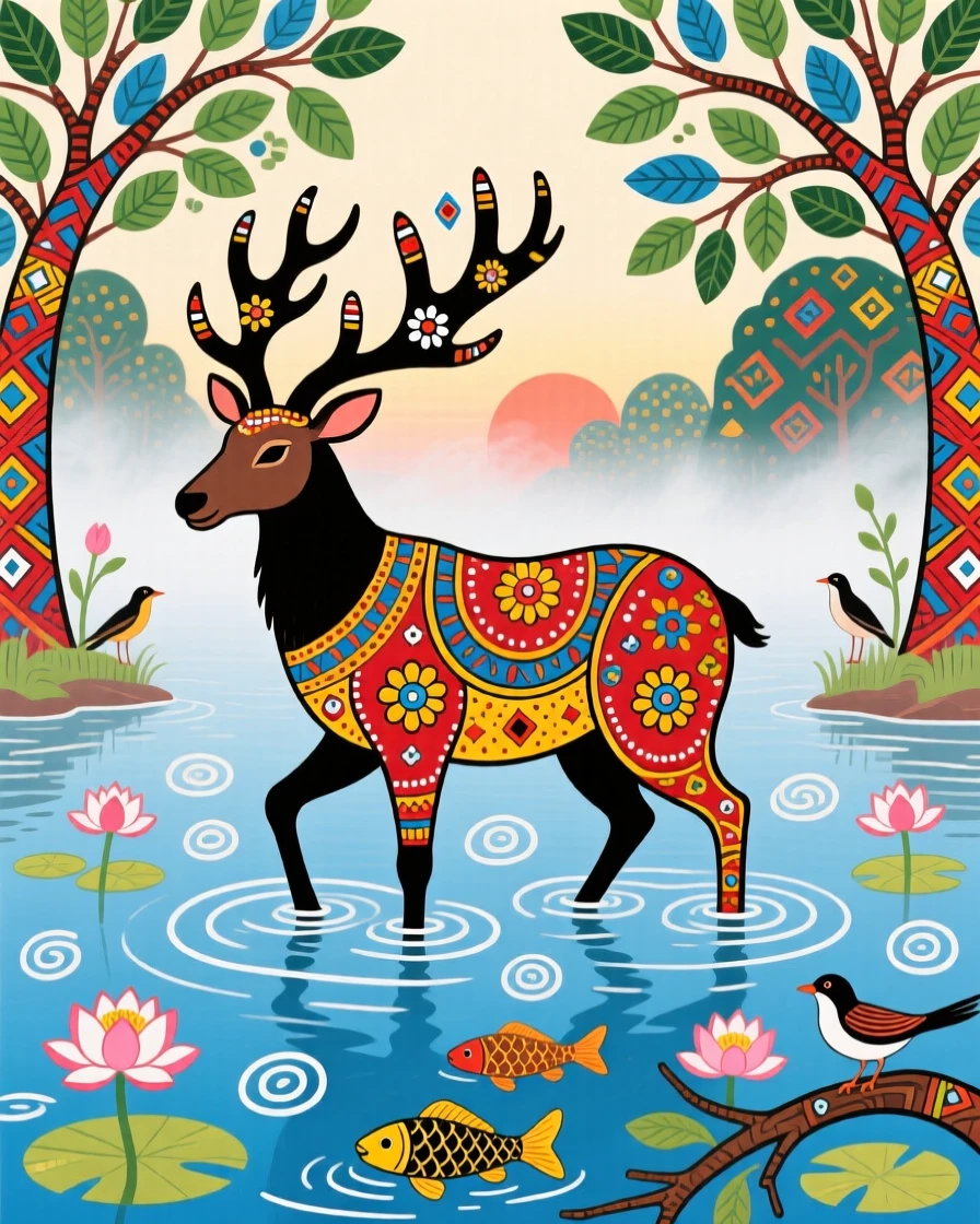 A moose wading through a still lake in early morning mist.