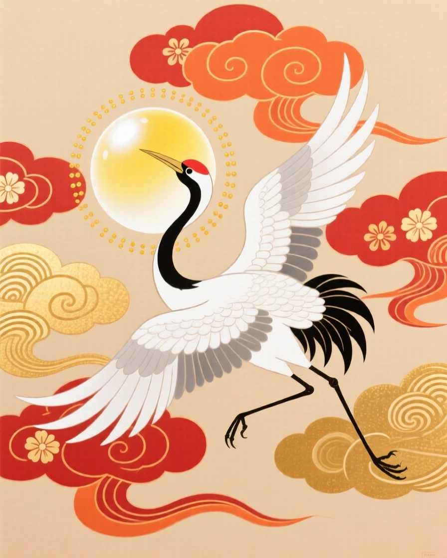 A snow-white crane, circling a glowing pearl among the clouds.