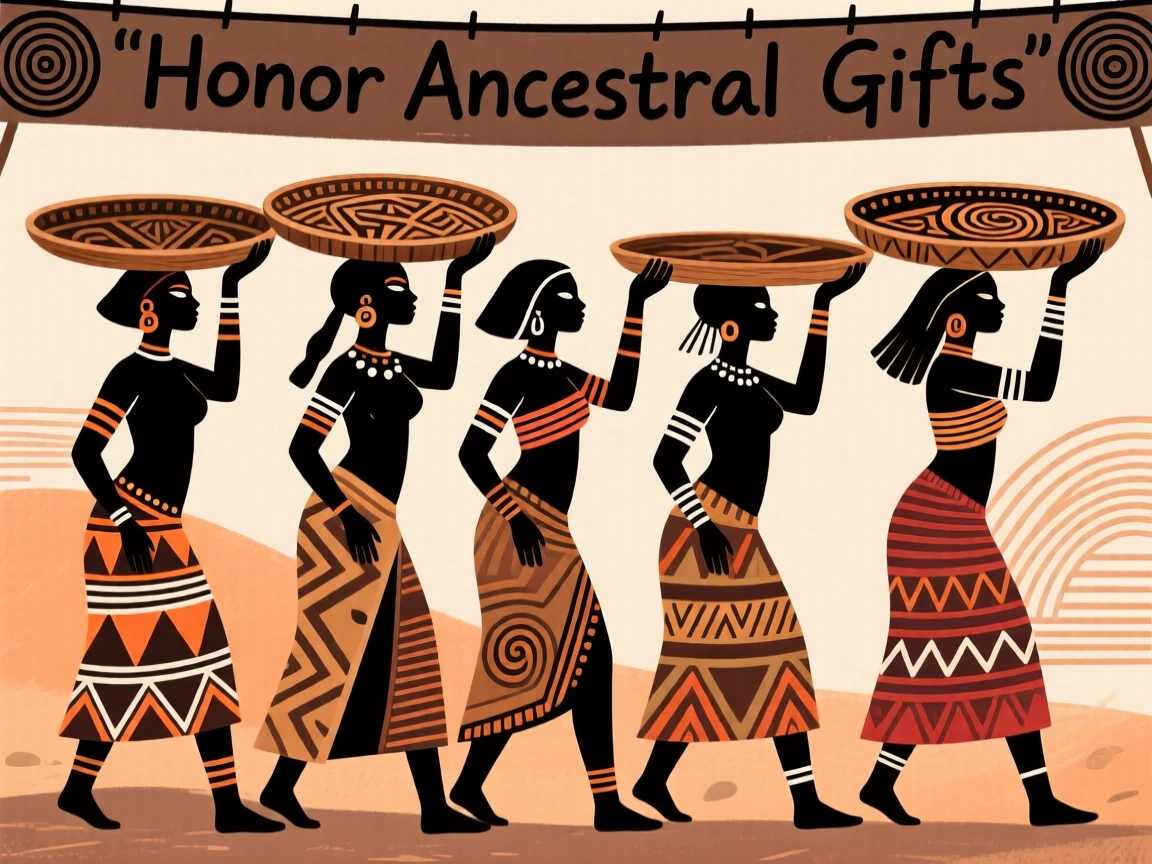 A procession of women carrying offerings on carved wooden trays.