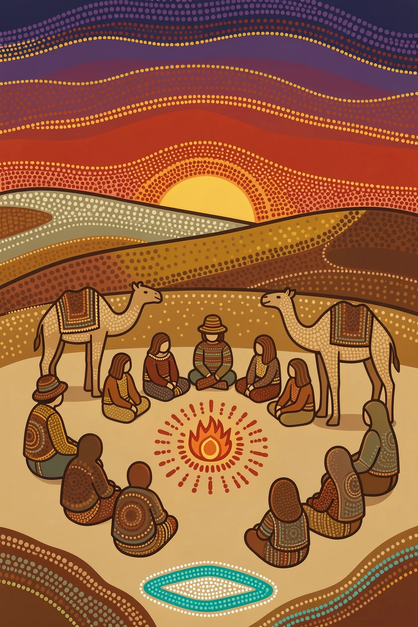 Travelers resting at a desert caravan camp at sunset
