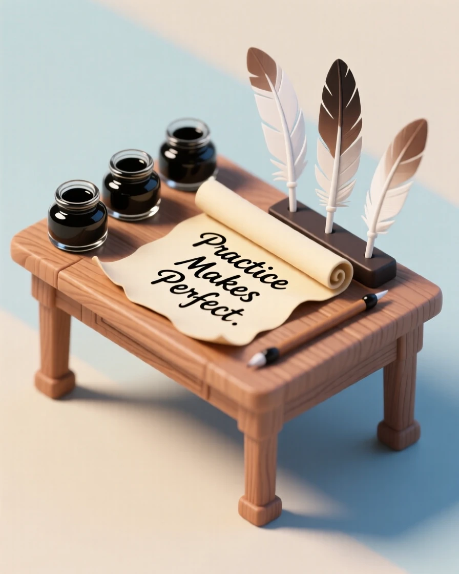 A calligraphy practice session at a wooden desk, ink pots and feather quills arranged neatly beside curling parchment.