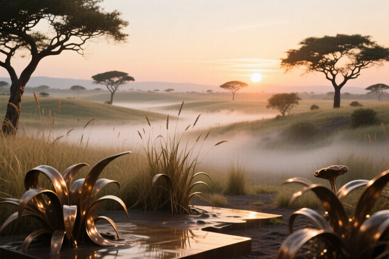 A golden savanna at the exact moment of sunrise, with soft mist adding a dreamlike quality, offering a breathtaking sense of place