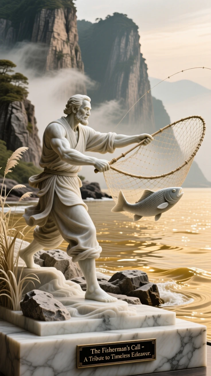 A beautifully composed image of a fisherman casting his net into golden waters, framed by dramatic natural scenery, full of atmosphere and visual storytelling
