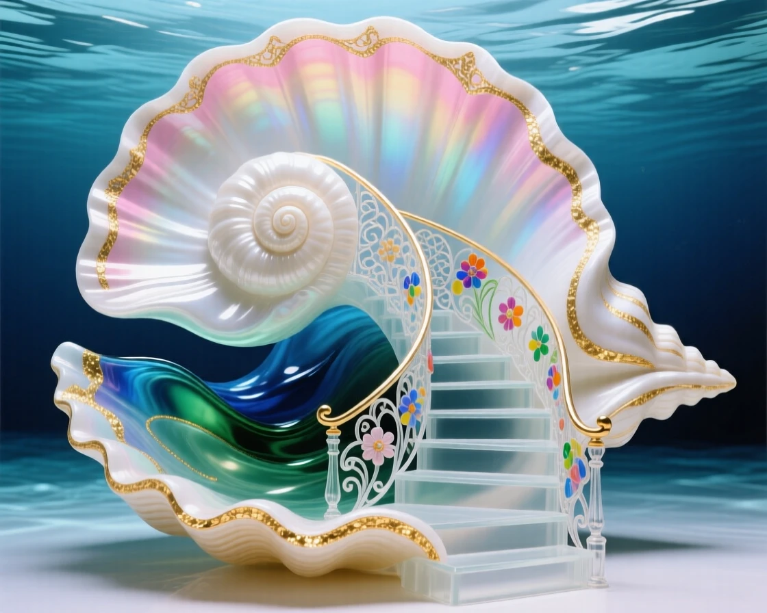 A spiral staircase inside a giant seashell descending into the ocean depths, surreal and elegant.