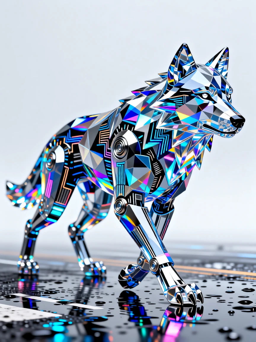 A cybernetic wolf prowling through a rain-slicked futuristic megacity street.