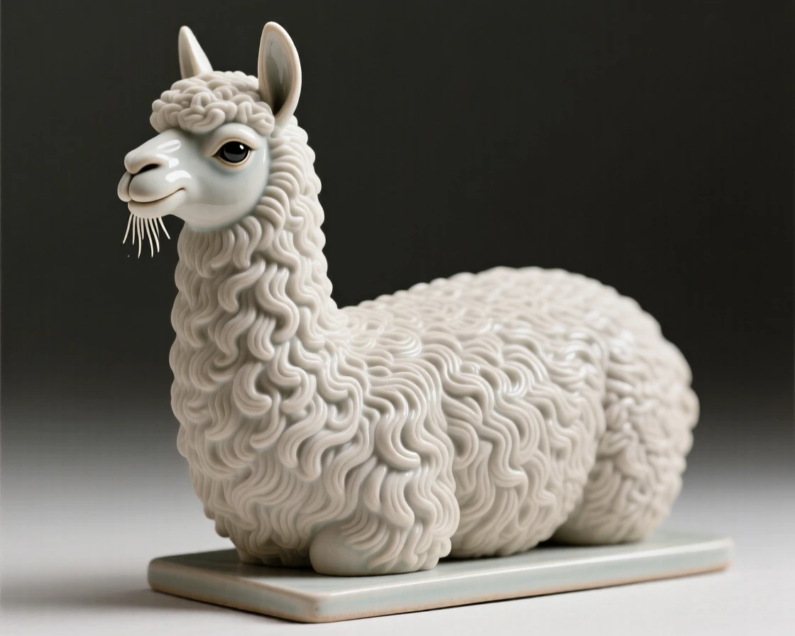 A llama with a woolly coat frozen in a moment of quiet vigilance, with delicate whiskers catching the light, offering a serene glimpse into nature's stillness.